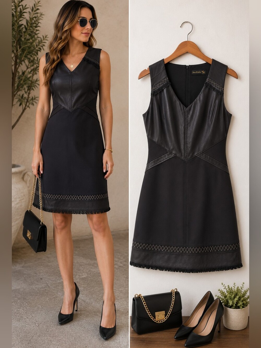 Jane & John Faux Leather Trim Sheath Dress Black Sleeveless V-Neck Knee Length